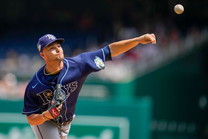 Shane McClanahan delivers a pitch for the Tampa Bay Rays.